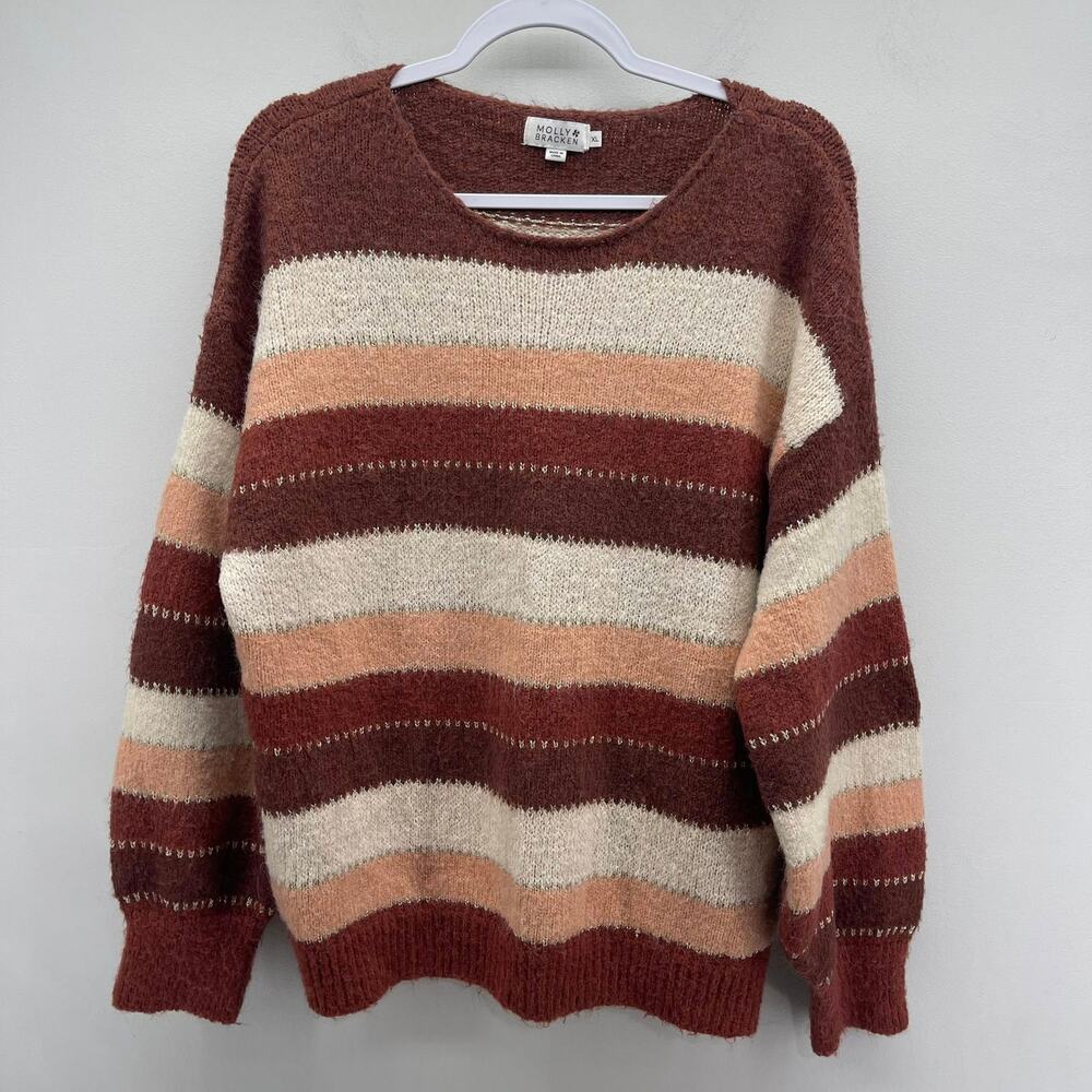 Molly‎ Bracken Zella Stripe Sweater Womens XL Copper Brown Cream Gold Shimmer